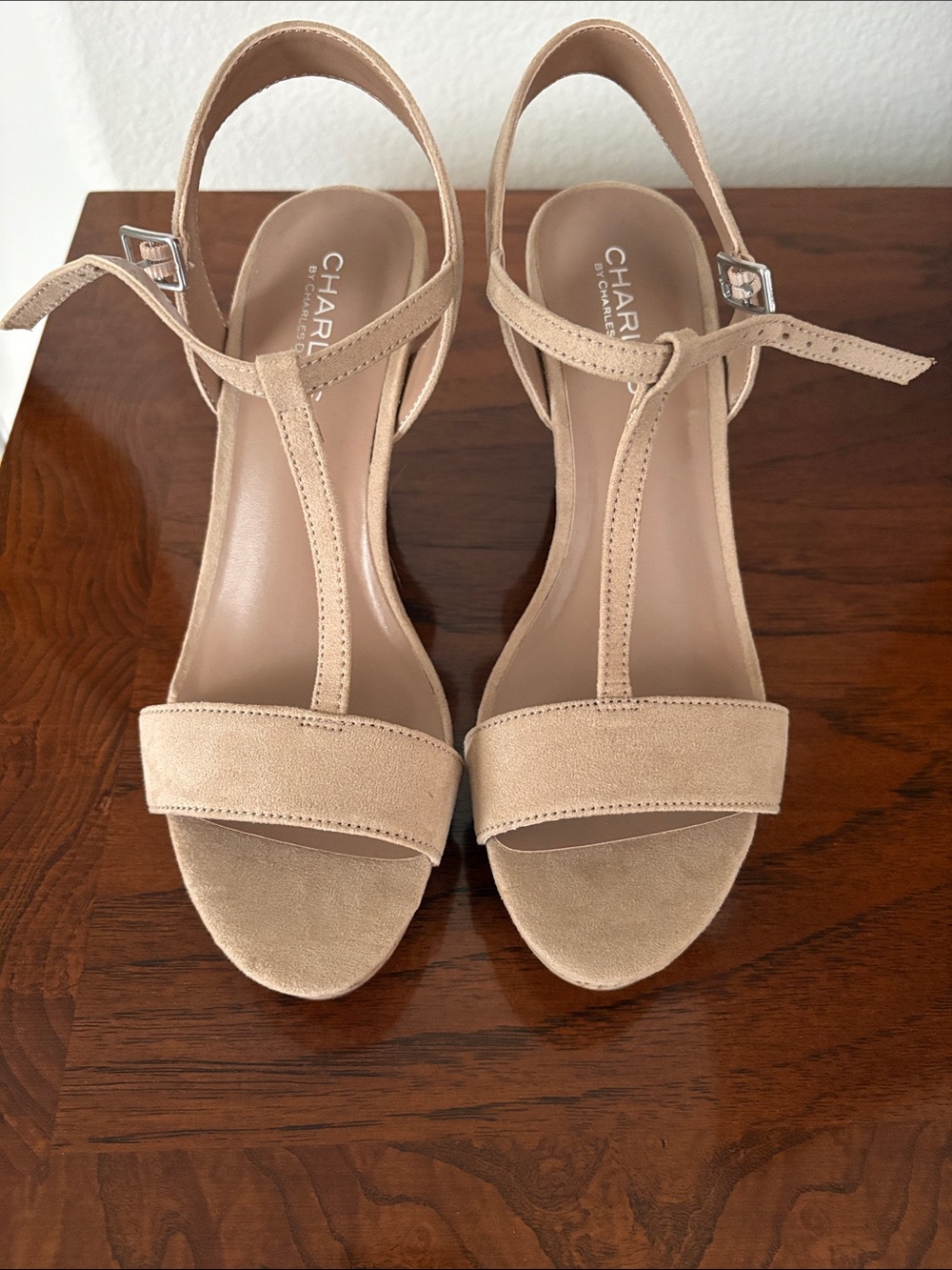 CHARLES by Charles David Nude Suede T-Strap Heels